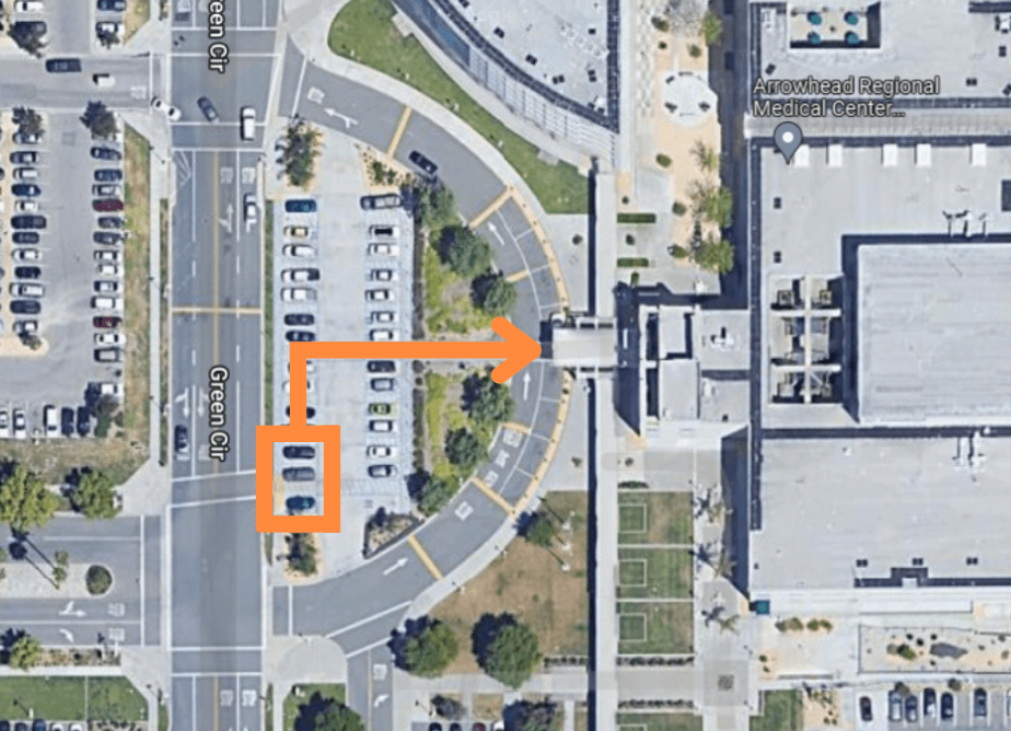 Map of ARMC campus parking lot 15 showing where to park for a COVID-19 test.